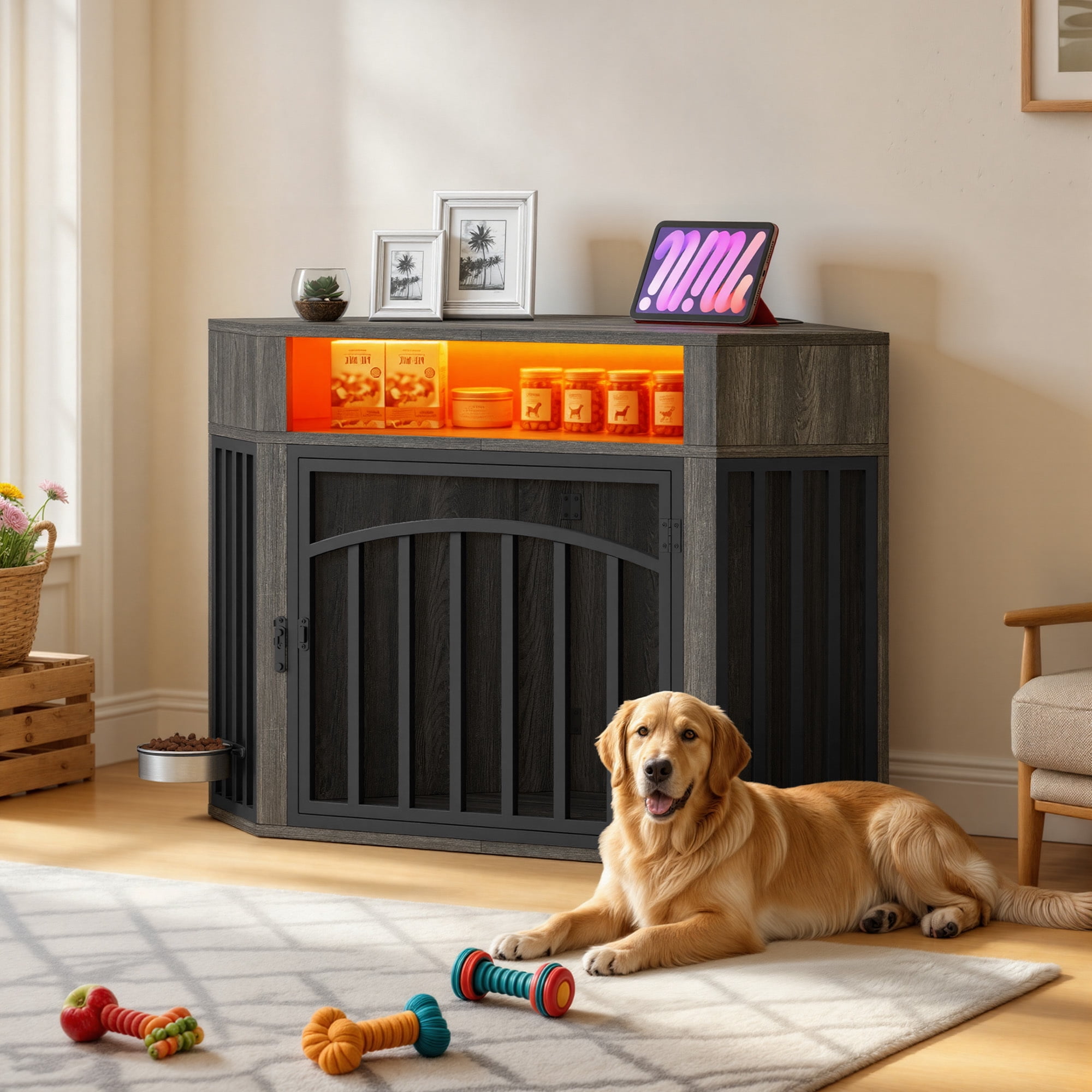 Uforic 52 Inch Gray Corner Dog Crate Furniture, Indoor Heavy Duty Kennel with LED Light, Power Outlets & 360° Bowl