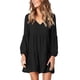 thumbnail image 1 of Vestido con cuello en V, manga larga, recto, color puro, vestido casual de una pieza para mujer, negro L, 1 of 6