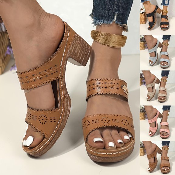 THDHVS Casual Shoes for Women,Womens Dress Shoes,Women's Fashion Casual Summer Style Baotou Thick-Soled High Heels Slippers Brown