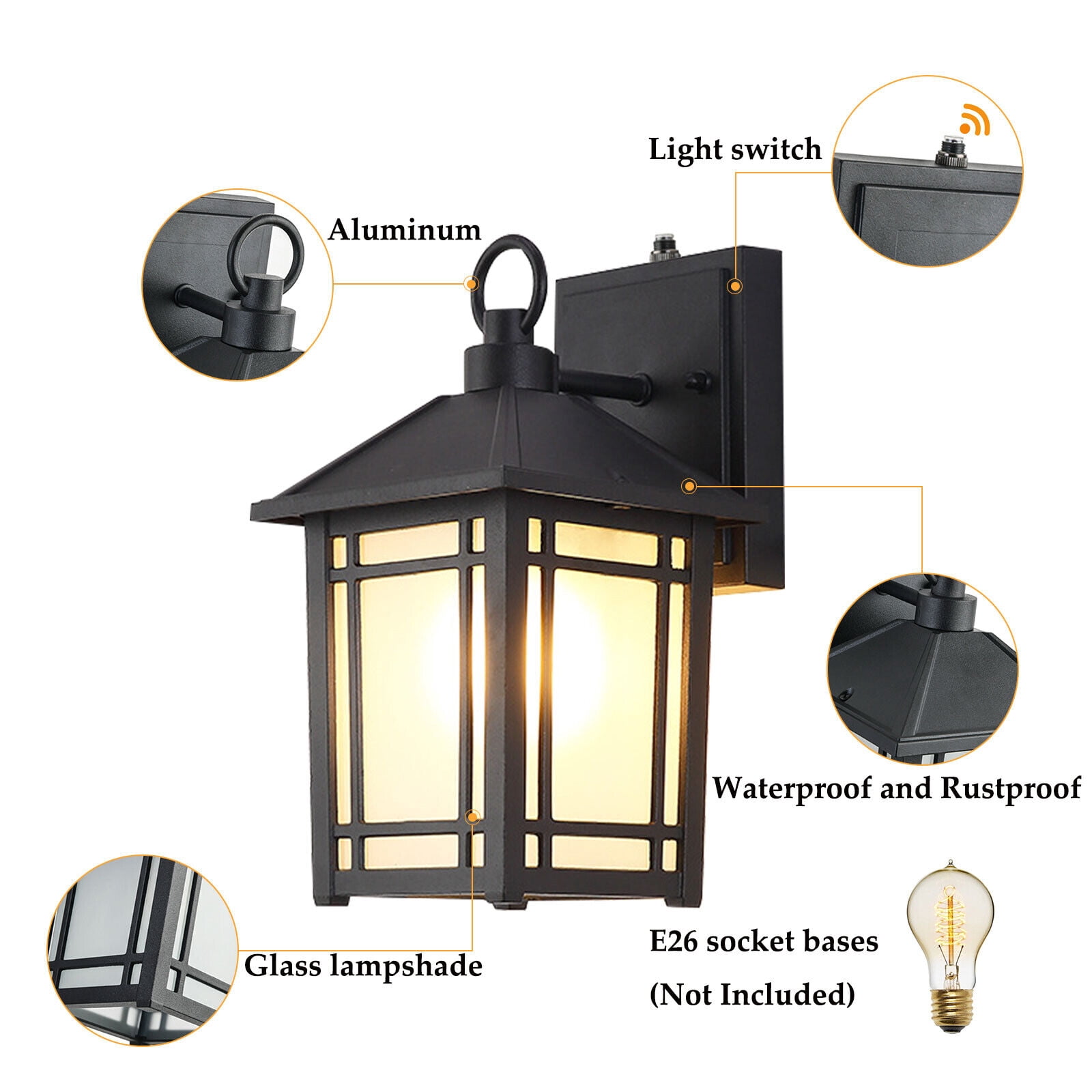 Light Sensor Light Outdoor Wall Light Waterproof Porch Light E26 Bulbs Not Included Exterior Light Fixture for House Patio Garage