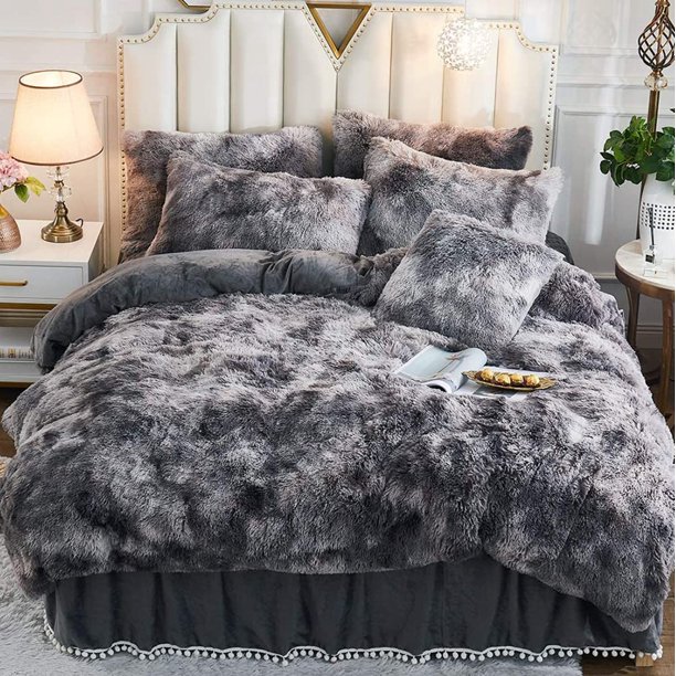 Shaggy Plush Queen Duvet Cover Set Soft Fluffy Faux Fur Gradient Color