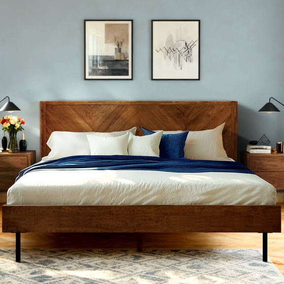 Acacia Alander King Bed Frame and Headboard Solid Wood Platform Bed, Scandinavian Signature Wood Bed Compatible with All Mattress Types, Wood Slats Support, Bed Frame King Bedroom Furniture, Walnut