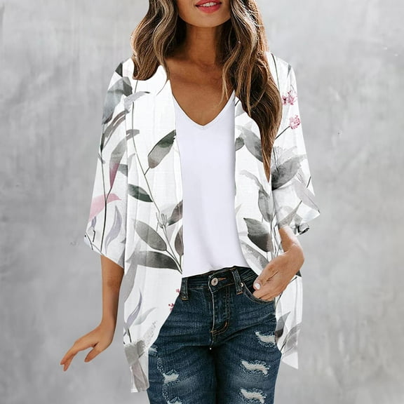 Frostluinai Chiffon Kimono Cardigasn Womens 3/4 Sleeve Floral Print Beach Cover Up Open Front Boho Kimonos Lightweight Jacket Coats