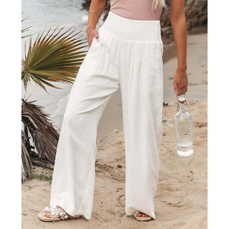 Women Cotton Linen Pants Wide Leg Elastic High Waisted Long Pants