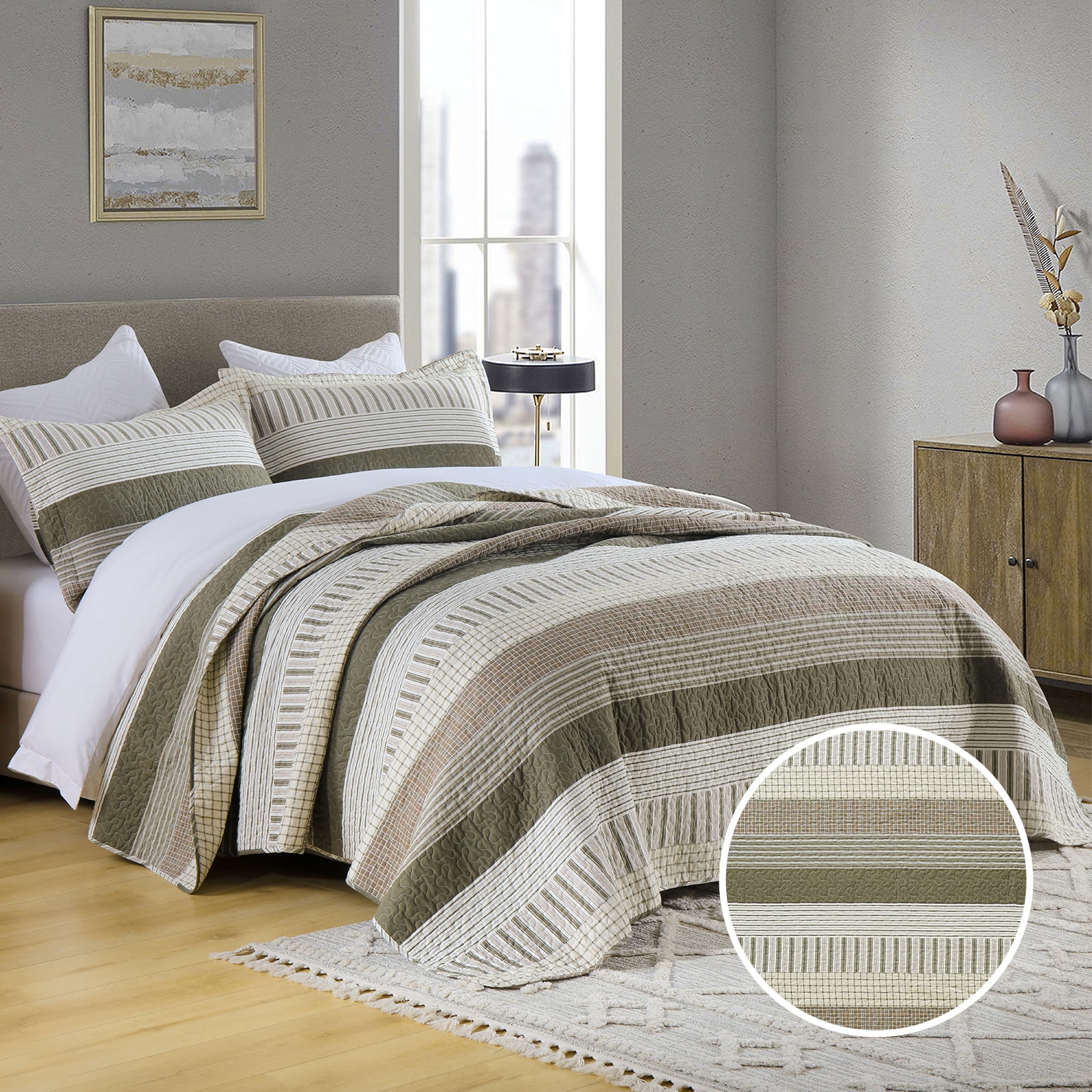 Bedduvit 100% Cotton King Size Quilt Set, Green Beige Brown Striped Lightweight King Quilt Bedspreads for Bed, Farmhouse Breathable King Quilt Coverlet/Bedding Set for All Season, 3-Piece (98"x106")