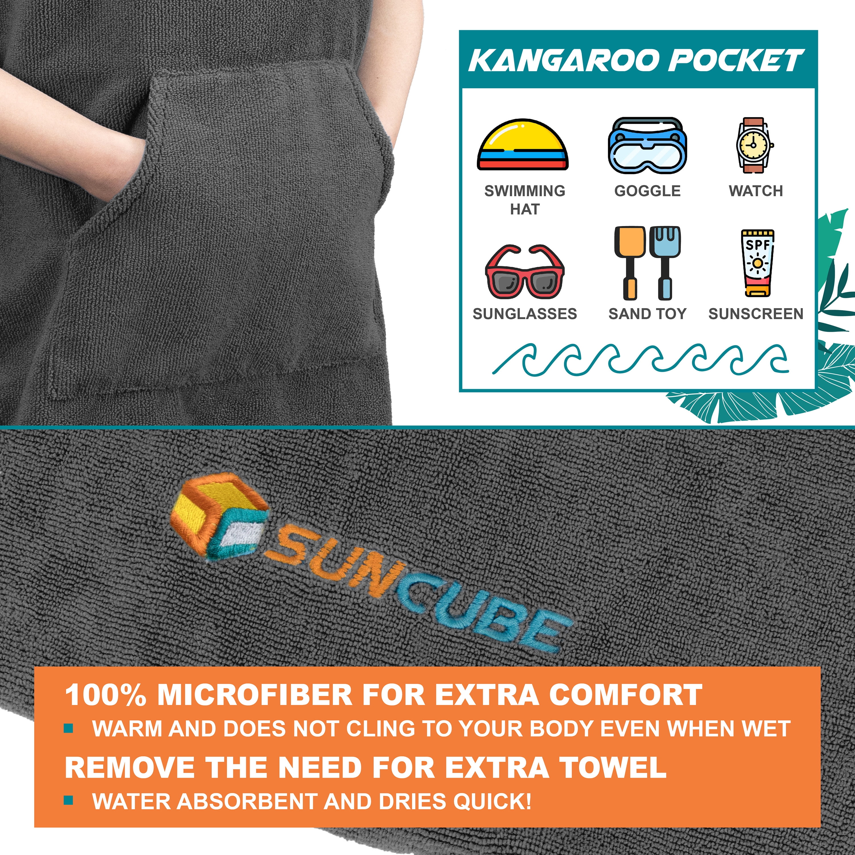 SUN CUBE Kids Changing Robe Surf Poncho, Kids Beach Towels, Hooded Towel For Toddler Bath Pool, Microfiber Quick Dry Wearable Towel Poncho with Hood, Swim Towel for Boys Girls 3-7 Years, Gray