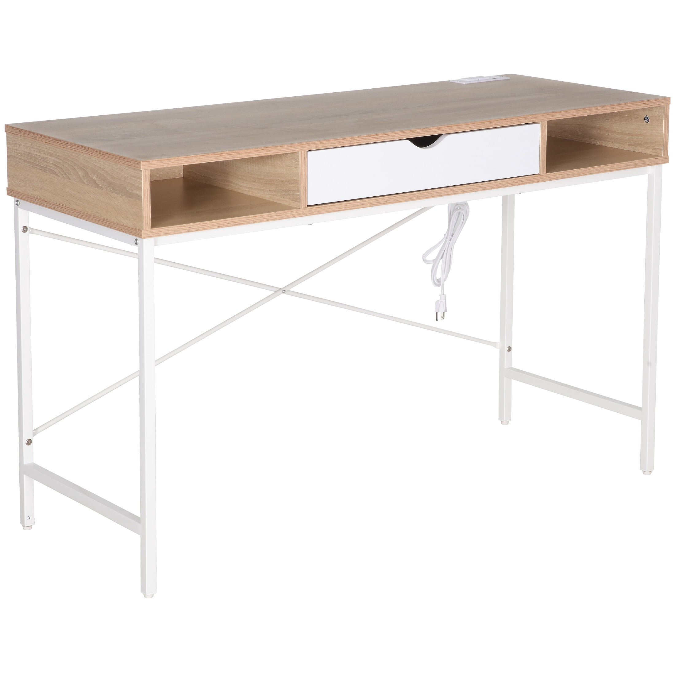 JJS 48' Writing Desk with Power Outlet, Home Office Contemporary Large Computer Desk Laptop Workstation with Drawer USB Ports Charging Station, Oak/White