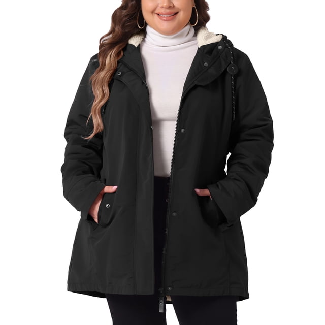 Abrigo de mujer plus size Agnes Orinda, chaqueta con capucha forrada de felpa, cintura elástica, con cremallera y botones, de manga larga, parka con bolsillos, 2X negro
