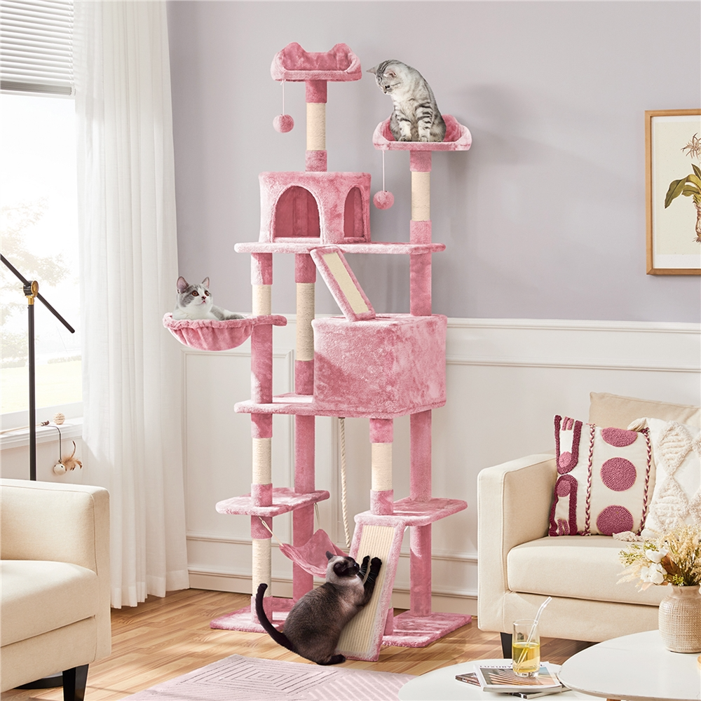 Alden Design 82.5" H Multi Level Cat Tree with 2 Cozy Condos and Basket, Pink