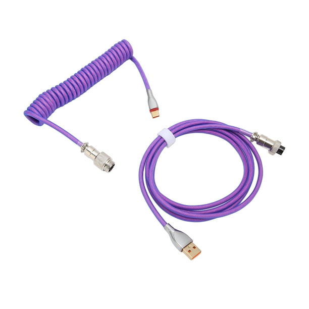 Cable de teclado mecánico con funda doble, personalizado, en espiral, con conector de aviación USB C a USB A de metal desmontable, color morado