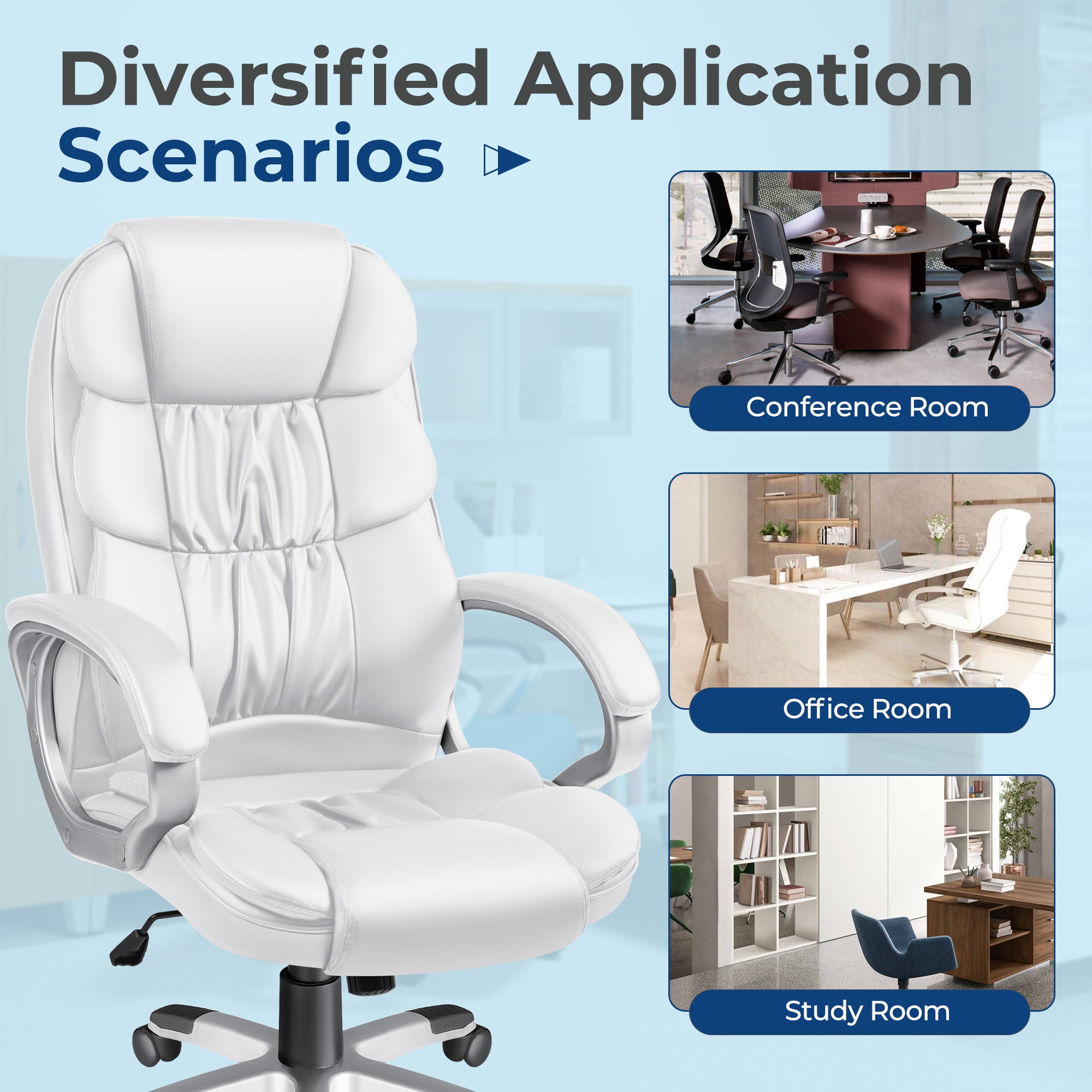 Vineego Office Chair High Back Computer Chair Ergonomic Desk Chair, PU Leather Adjustable Height Modern Executive Swivel Task Chair,White