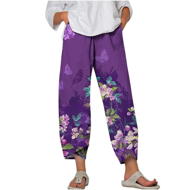 VEKDONE Womens Linen Long Pants Purple L