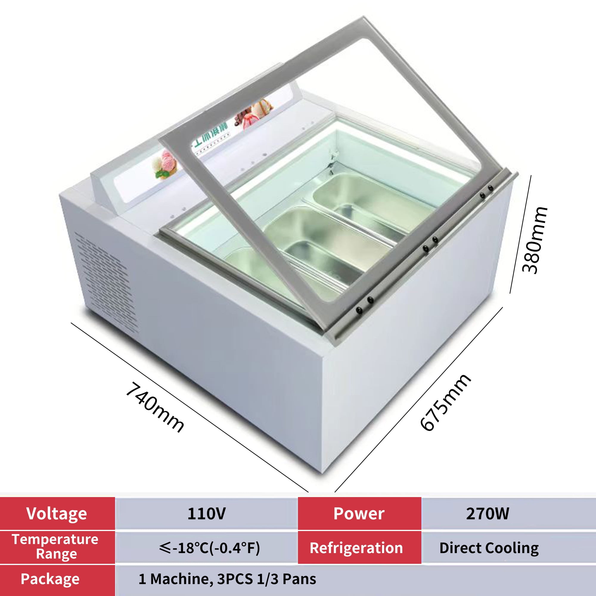 Mvckyi Gelato Display Case 1/3GN Pan, Ice Cream Freezer Showcase Cabinet, Counter Cycle Refrigeration with Led Lighting, Fast Cooling Sorbet Chest Fridge