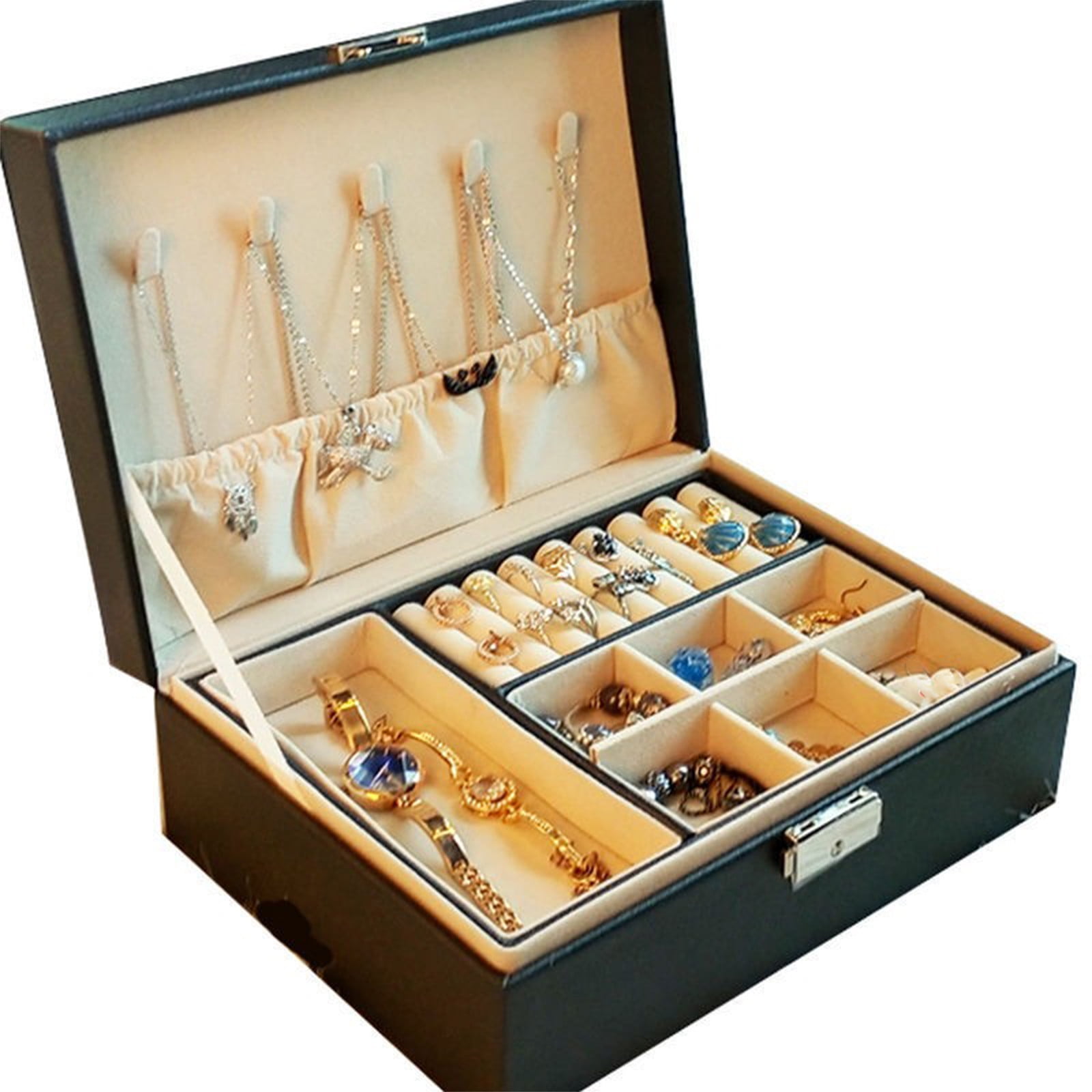 Jubipavy Leather Large Capacity Jewelry Box Earrings Necklace Jewelry Storage Box With Lock 2-Layers Display Jewelry Box