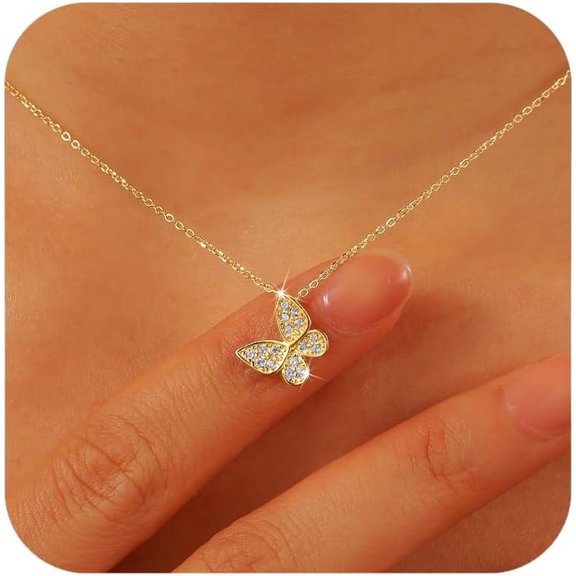 14K Gold Plated Butterfly Necklaces for Women Sterling Silver Plated Cute Butterfly CZ Pendant Necklace Dainty Insect Animal Charm Chain Necklace Jewelry Birthday Gifts for Mom Daughter