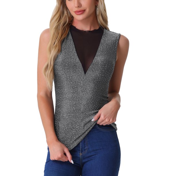 INSPIRAR CHIC Camisetas sin mangas de malla para mujeres, camiseta brillante y brillante, color negro y plateado