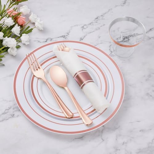 350 Piece Rose Gold Plastic Dinnerware Set for 50 Guests, Fancy Disposable Plates for Party, Include: 50 Dinner Plates, 50 Dessert Plates, 50 Pre Rolled Napkins with Silverware, 50 Cups