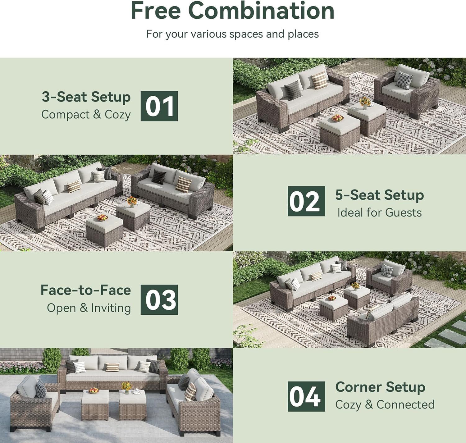 8 Pieces Outdoor Patio Furniture Sets with Ottman, Manual Weaving Wicker for Backyard Patio Garden