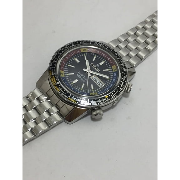 Vintage Ricoh World Time GMT-61215A Automatic Black Dial Day/Date 21 Jewels Japanese Men's Wrist Watch