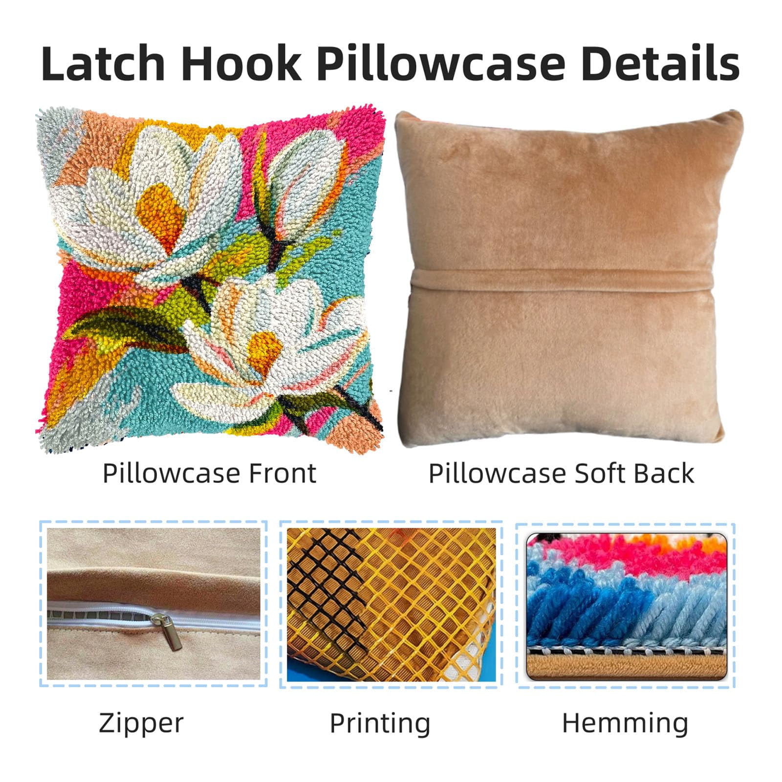 White Magnolia Flowers DIY Latch Hook Pillow Kits for Adults Printed Pillowcase Crochet Yarns Hooking Handmade Pillow Cover Cushion for Home Sofa Decoration 17x17inch(1)