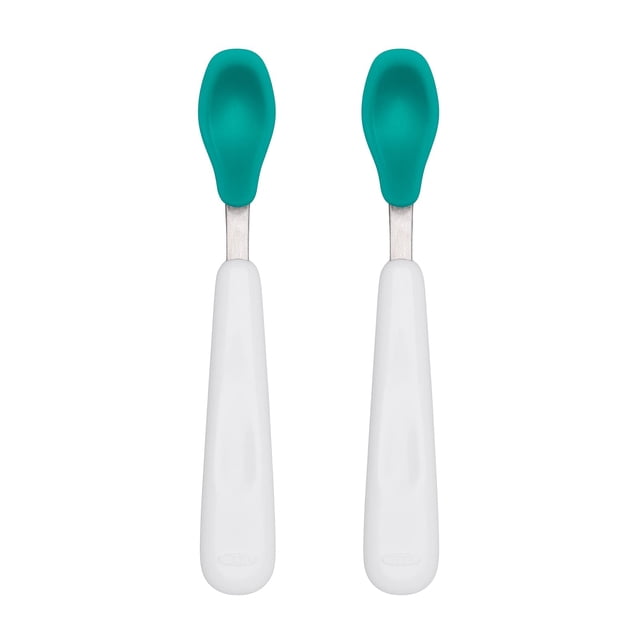 Set de cucharas OXO Tot para alimentación, silicona suave, verde azulado, 16 cm