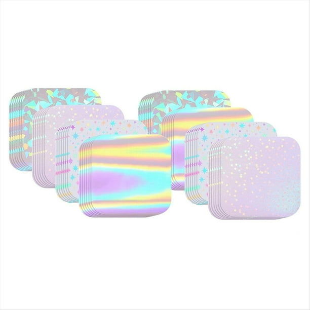 200 Piezas de Suministros para Hacer Botones Cuadrados, Película Brillante para Máquina para Hacer Pins, Kit de 4 Estilos de Láminas Laminadas Holográficas Transparentes.