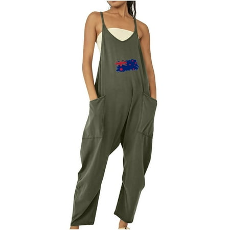 

FAVIPT Womens Jumpsuit Clearance Jumpsuits for Women Independence Day Print Stretchy Adjustable Straps Onesie Casual Overalls with Big Pockets