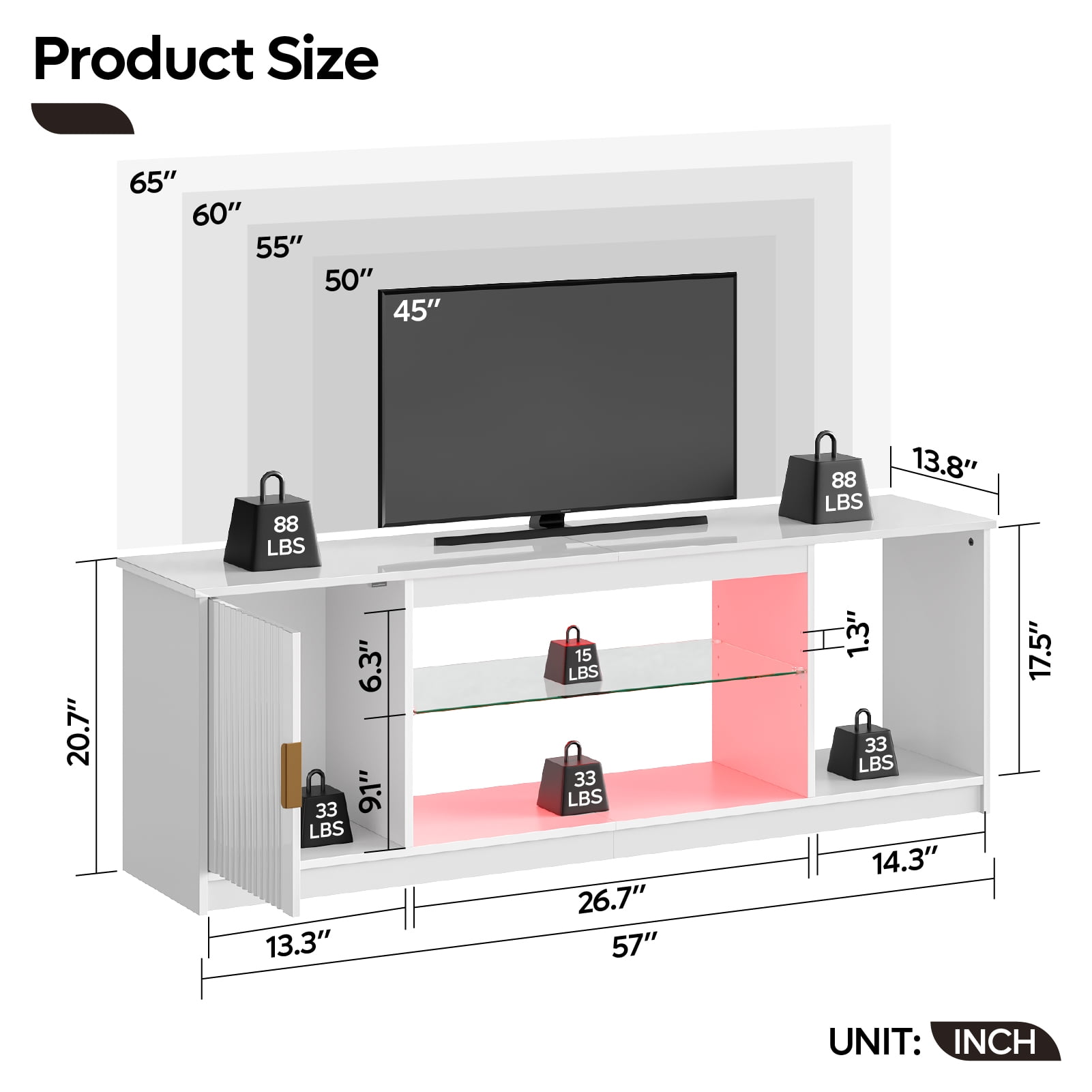 Bestier High Glossy TV Stand for 65 inch TVs with LED Lights, Fluted Entertainment Center with Storage Cabinet & Shelves,TV Console Table for PS5,White