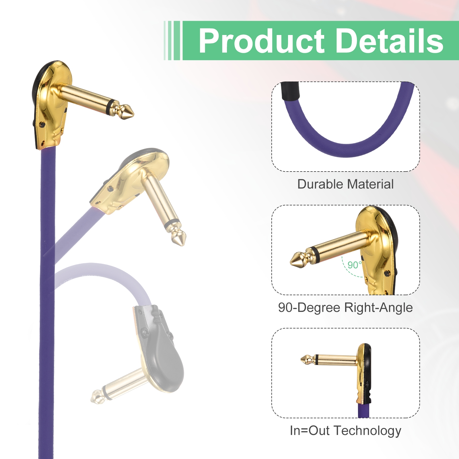 Uxcell 3 Pcs Guitar Patch Cables 15 Inch Pedal Board Cord 1/4 Inch Metal Flat Head TS Right Angle Guitar Patch Effect Cable Cord for Instrument Effect Pedal Mixing Console, Purple