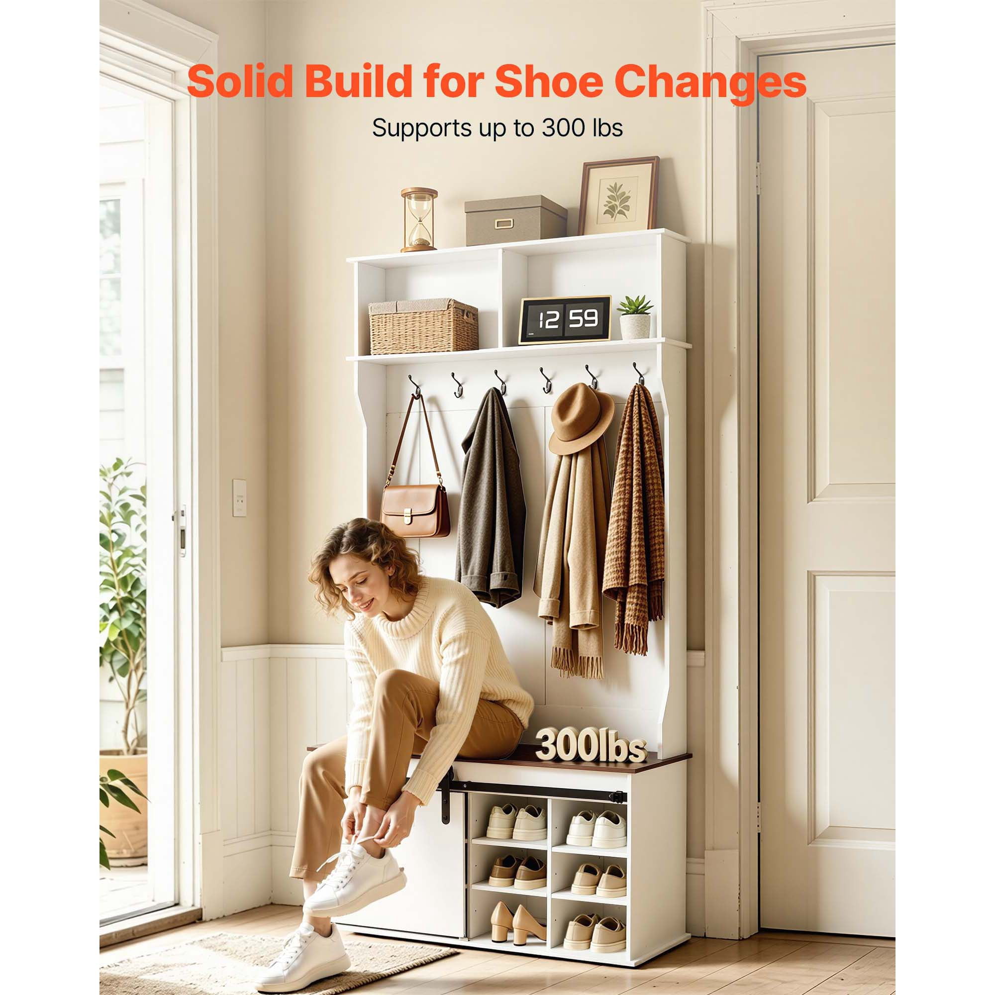 KFFKFF Entryway Hall Tree with Bench and Storage, 42" Wide, Wooden Furniture with Hanging Hooks, Adjustable Shoe Shelves, and Storage Shelves for Mudroom, Hallway, or Entryway, White
