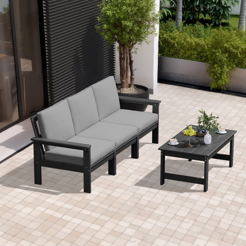 FUNDAZE Oversized HDPE Patio Furniture Sets, 3-Seater with a coffee table Outdoor Conversation Set | For Patio, Poolside, Backyard Use, Black Frame with Gray Cushion