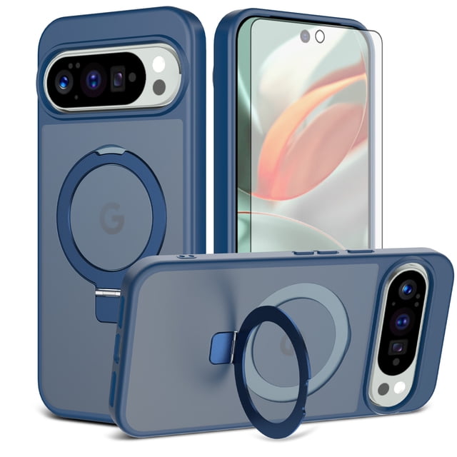 Asuwish Phone Case for Google Pixel 9 Pro XL/10 Pro XL Tempered Glass Screen Protector Magnetic Bracket stand Translucent Shockproof Protective Cell Cover Pixel9ProXL Pixel10ProXL Nine Women Men Blue