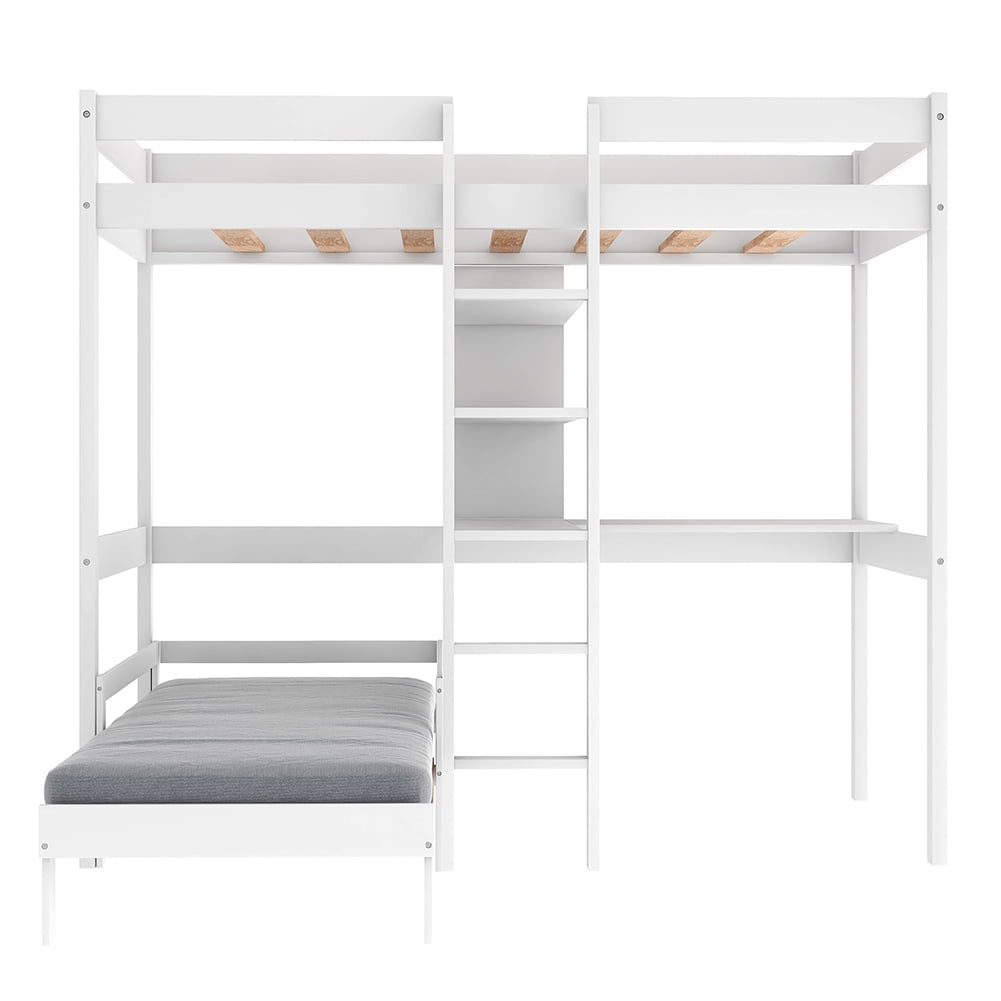 Lowestbest Convertible Loft Bed with L-Shape Desk, Twin Bunk Bed with Trundle and Shelves Lowestbest Convertible Loft Bed with L-Shape Desk, Twin Bunk Bed with Trundle and Shelves