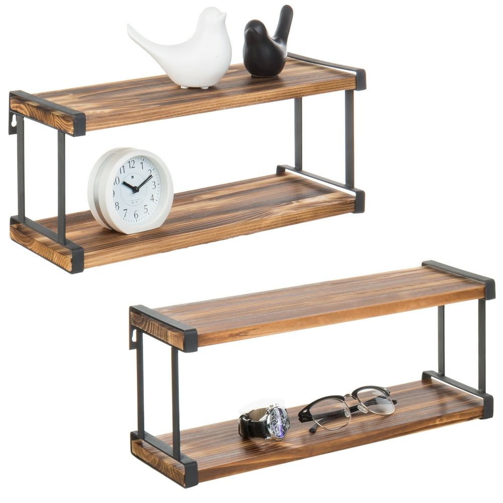Set of 2 Urban Rustic Wooden WallMounted 2Tier Floating Shelves with Black Metal Brackets