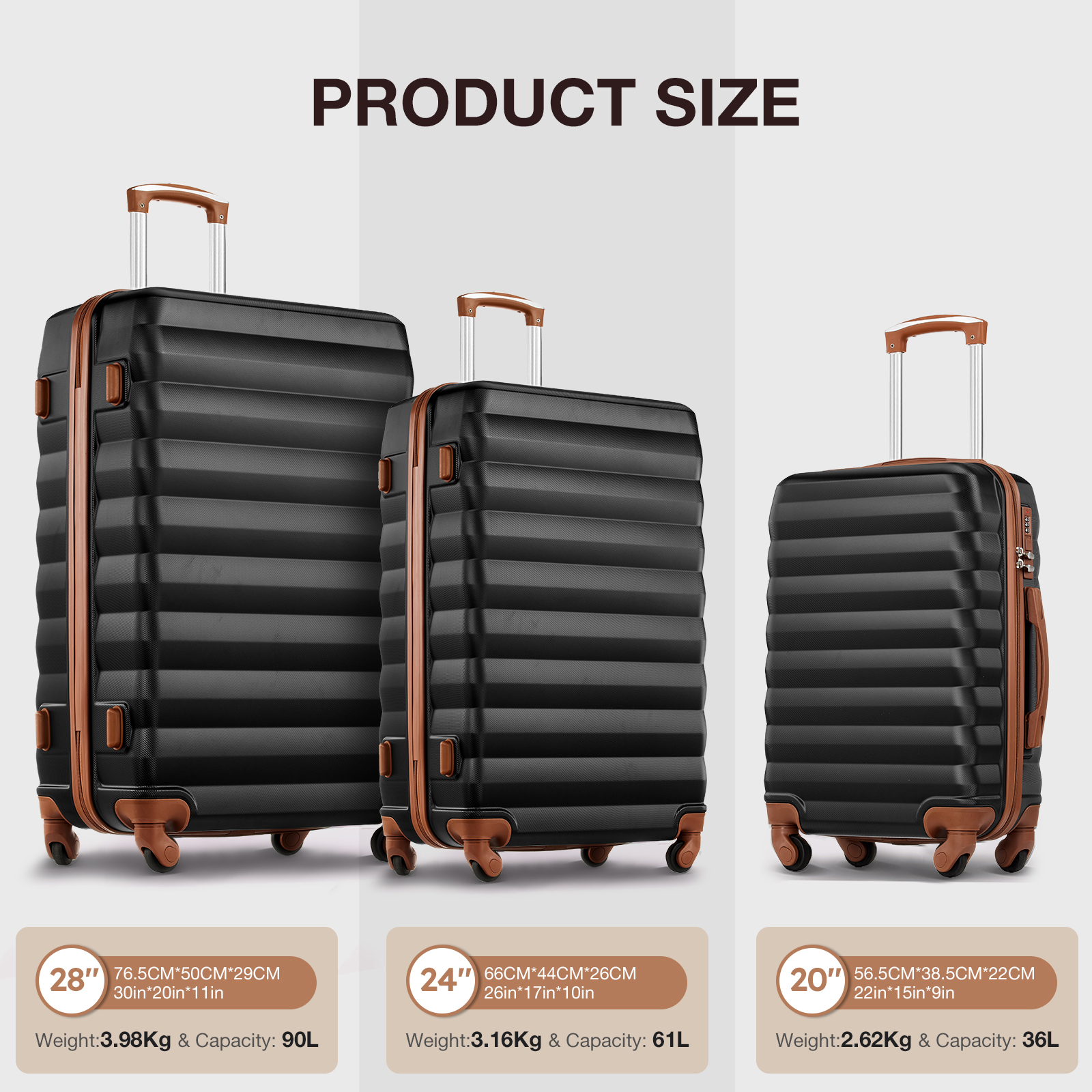 3 Piece Luggage Sets with 6 PC Organize Bags Lightweight Suitcases with Spinner Wheels, Black&Brown
