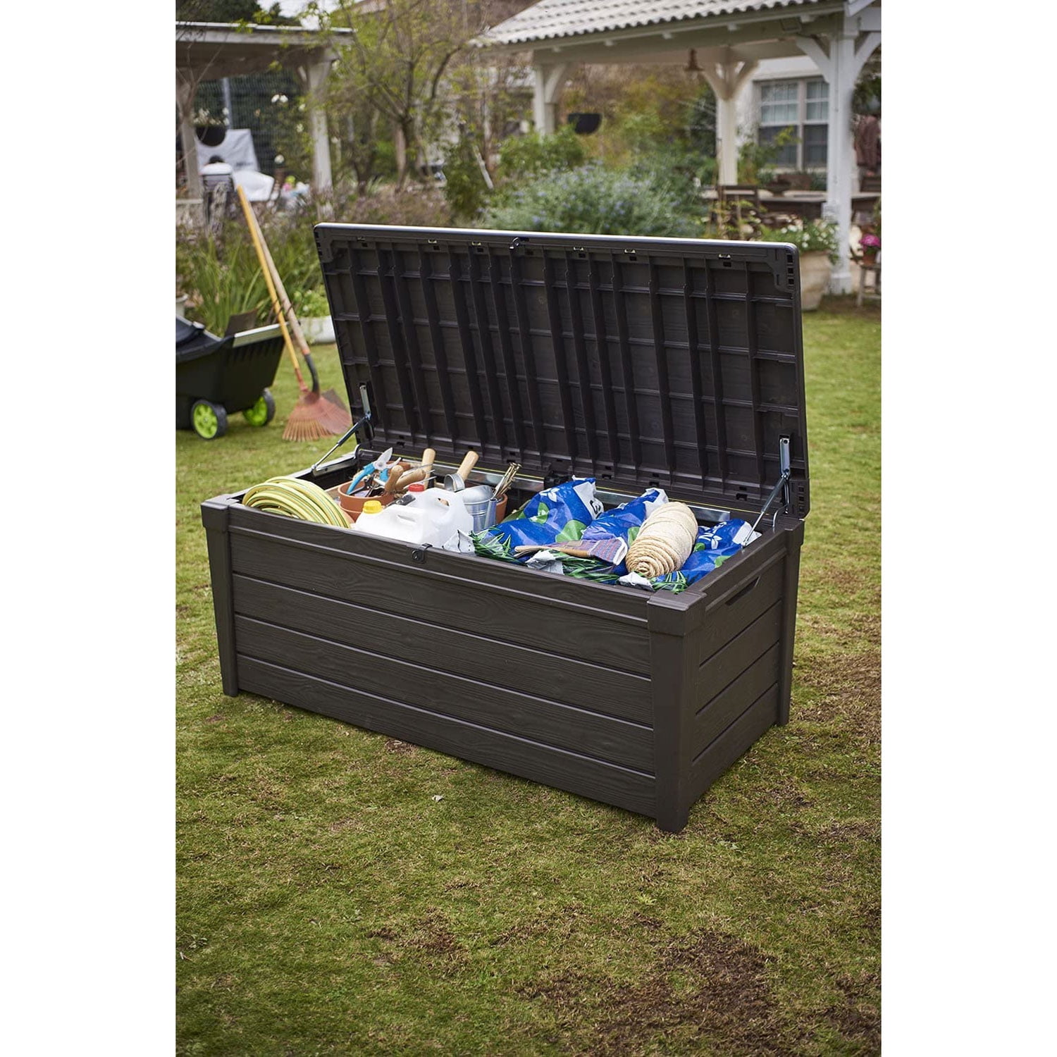 Open Box Keter Brightwood Large 120 Gal Weatherproof Resin Deck Box, Brown