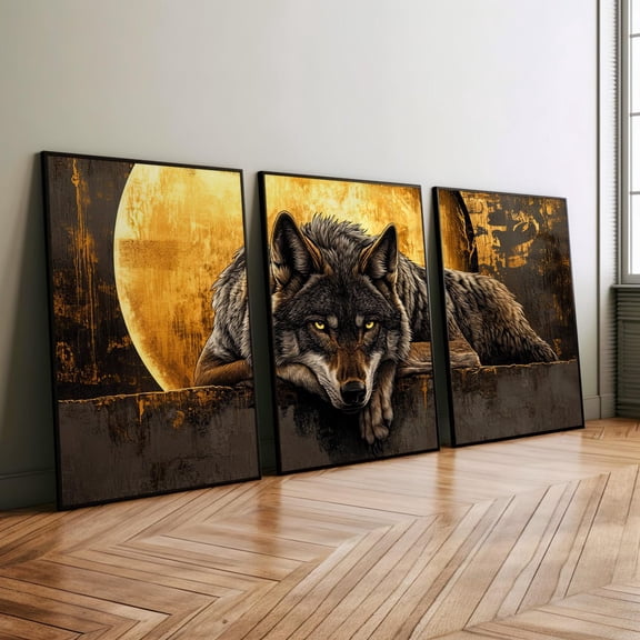 Luvia Wolf Full Moon 3 Piece Set Poster, Rustic Wolf On Moon Background Wall Art, Modern Wall Decor Set 3 Prints 8x12 UNFRAMED
