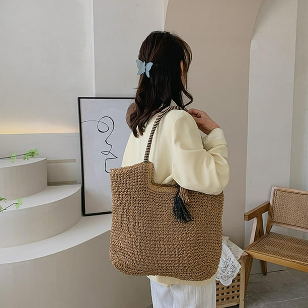 Casual Paille Tiss Sac Main Pompon Sac Main Poign e