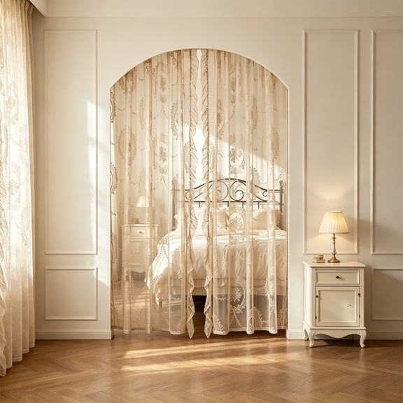 BingTong Vintage Floral Embroidery Lace Sheer Curtain,Ruffle Edge Rod Pocket Voile Window Curtain,Light Filtering Transparent Curtain Drape For Bedroom,Living Room,Home Window Decor Beige