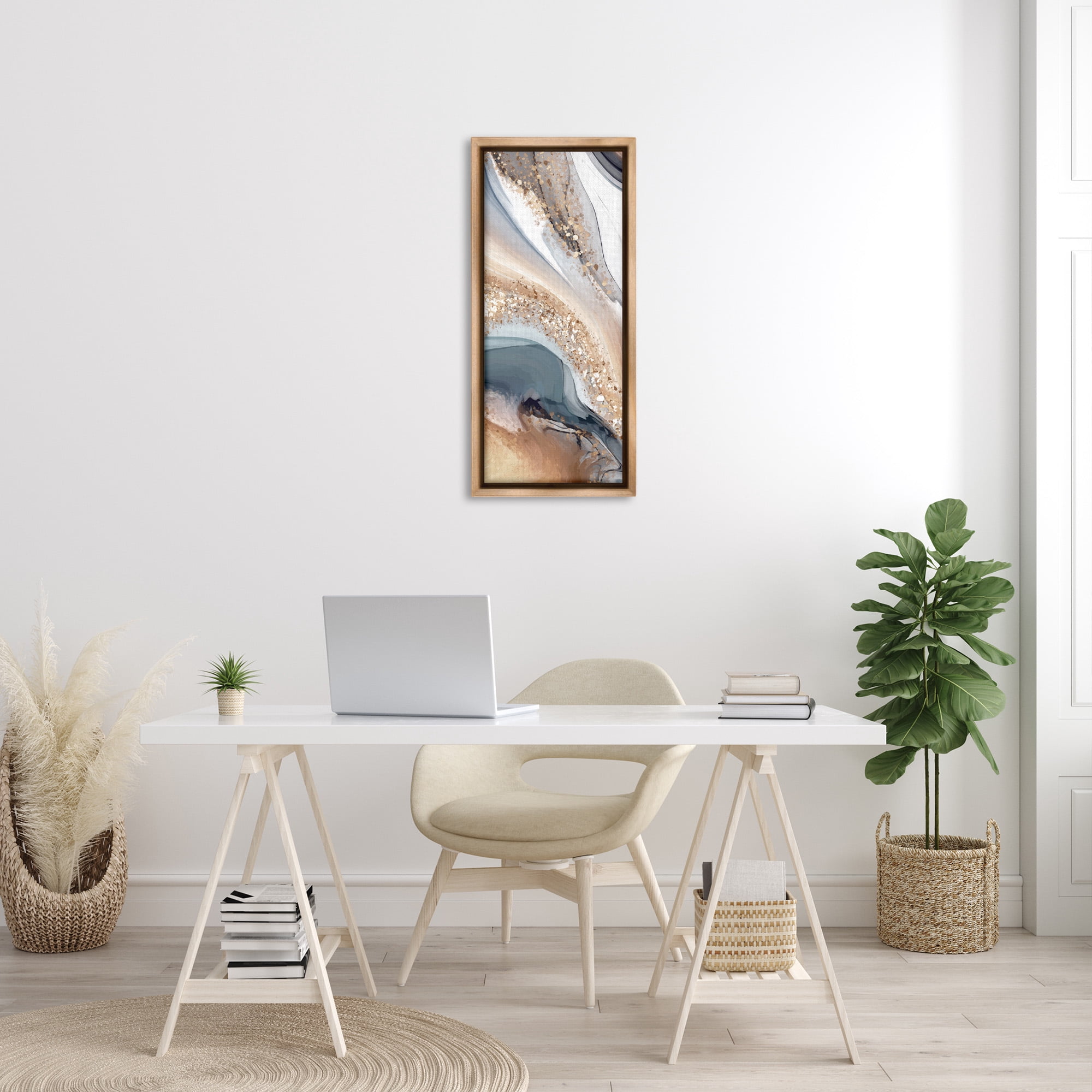 Stupell Industries Glam & Grey Waves Abstract Painting Brown Floater Framed Canvas Art Print Wall Art, 15 x 31