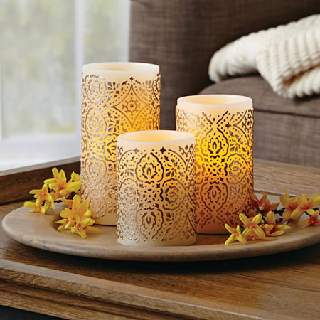 Better Homes & Gardens LED Flameless Pillar Candle Set, Malaysian Motif