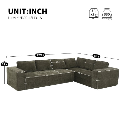 EPOWP Modular Sectional Sofa, 129.5" 6-Seat L-Shaped Cloud Couch Set with Chaise, Wrinkle-Resistant Chenille Boneless Sofa, 2-Piece Free Combination for Living Room, No Assembly Required,Green