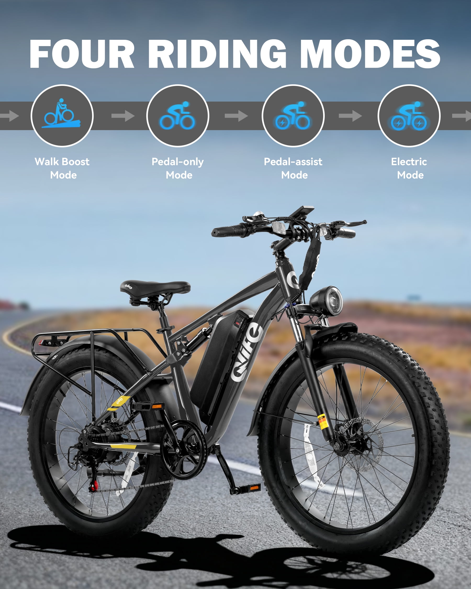 Qlife Racer Plus Electric Bike for Adults Peak 1500W Motor Up to 36MPH, 4.0 Fat Tire Mountain Bicycle with 48V 15.6AH 7 Speed Full Suspension Ebike(Gray)with Lock