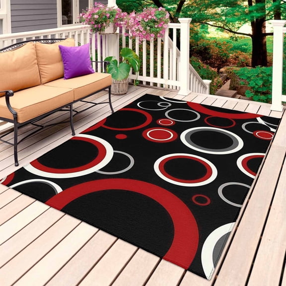 Red Black Outdoor Rug for Patio/Deck/Porch, Non-Slip Large Area Rug 5 x 7 Ft, Abstract Modern Geometric White Grey Circle Indoor Outdoor Rugs Washable Area Rugs, Reversible Camping Rug Carpet Runner