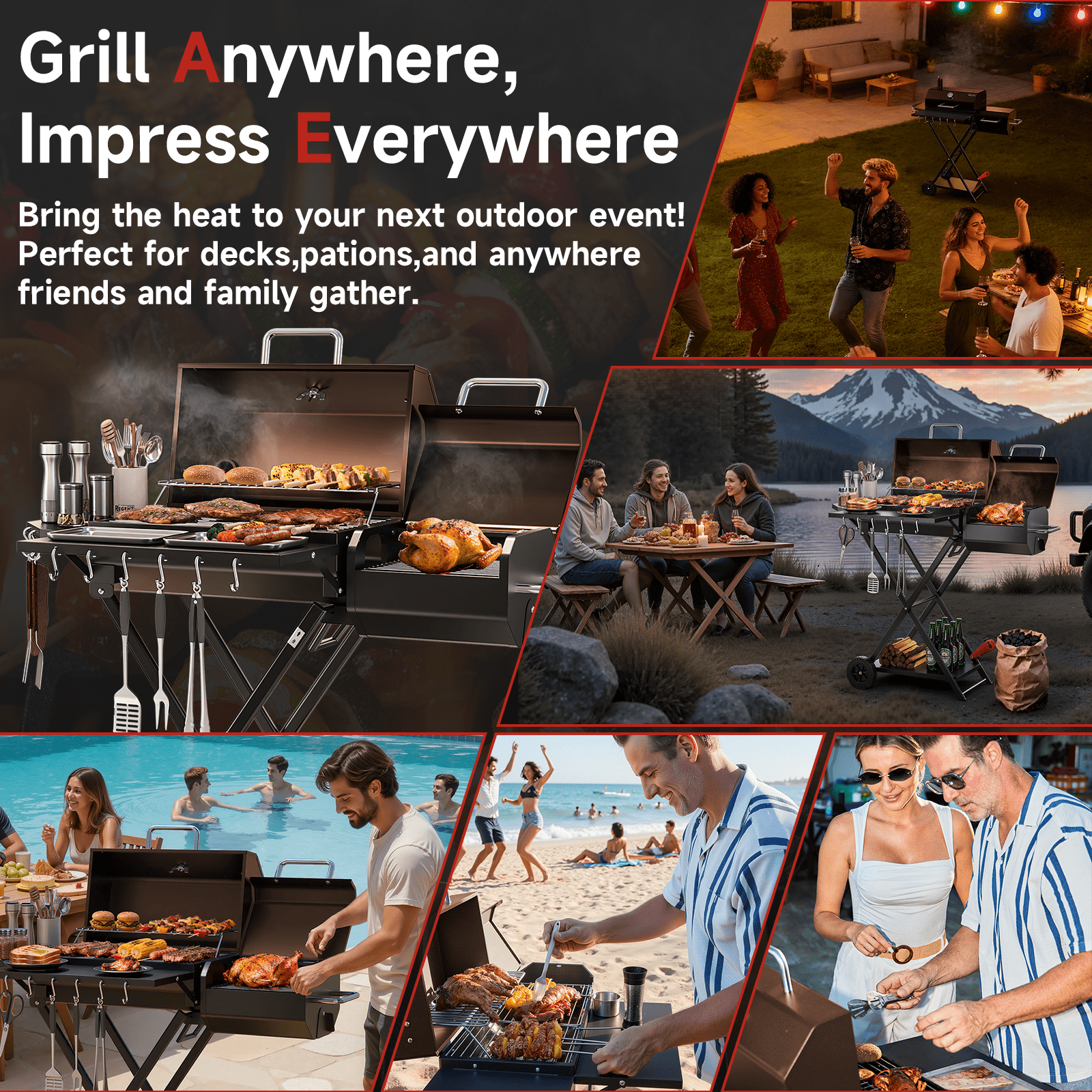 KScocina Barrel Charcoal Grill with Offset Smoker, 2-in-1 Foldable Suitcase BBQ Combo, 600 sq. in. with Waterproof Cover, for Outdoor Grilling and Backyard Cooking,Brown