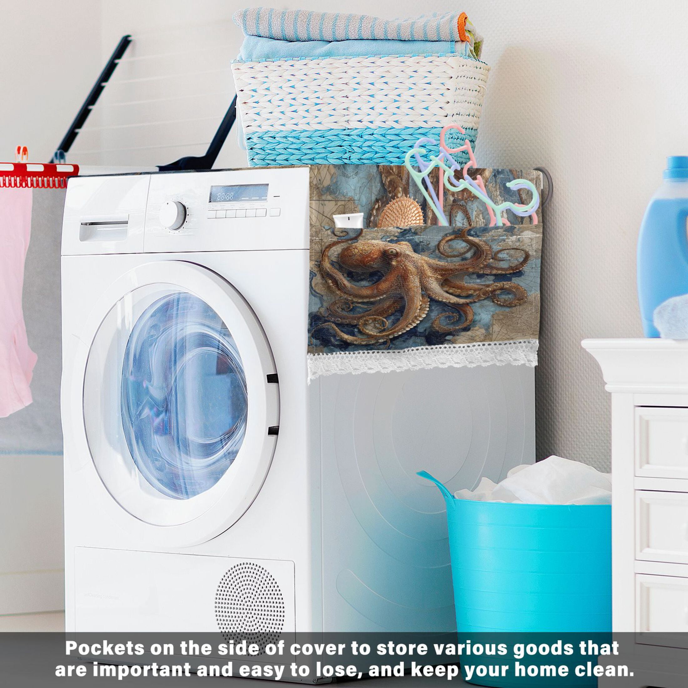 Washing Machine Cover 51.2x22in, Durable Polyester Dust Cover with Lace Trim and Side Pocket for Appliances Deep Sea Octopus