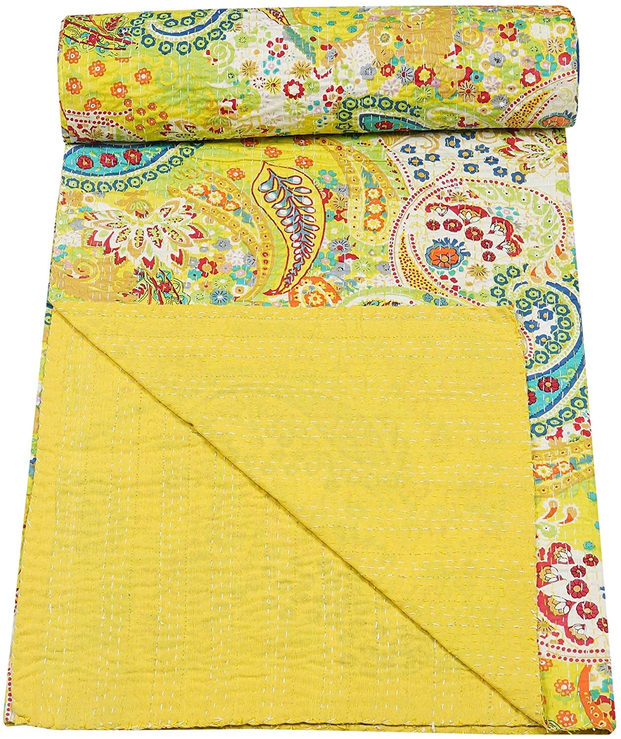 Vintage Handmade Kantha Quilt Indian Traditional Bed Cover Throw Paisley Printed Kantha Quilts (Yellow Color, Twin 60x90 Inch)
