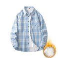 thumbnail image 2 of Men's Flannel Jacket Casual Long Sleeve Plaid Shirts Winter Fleece Lined Jackets Sherpa Button Down Shacket for Men(Light Blue,L), 2 of 6