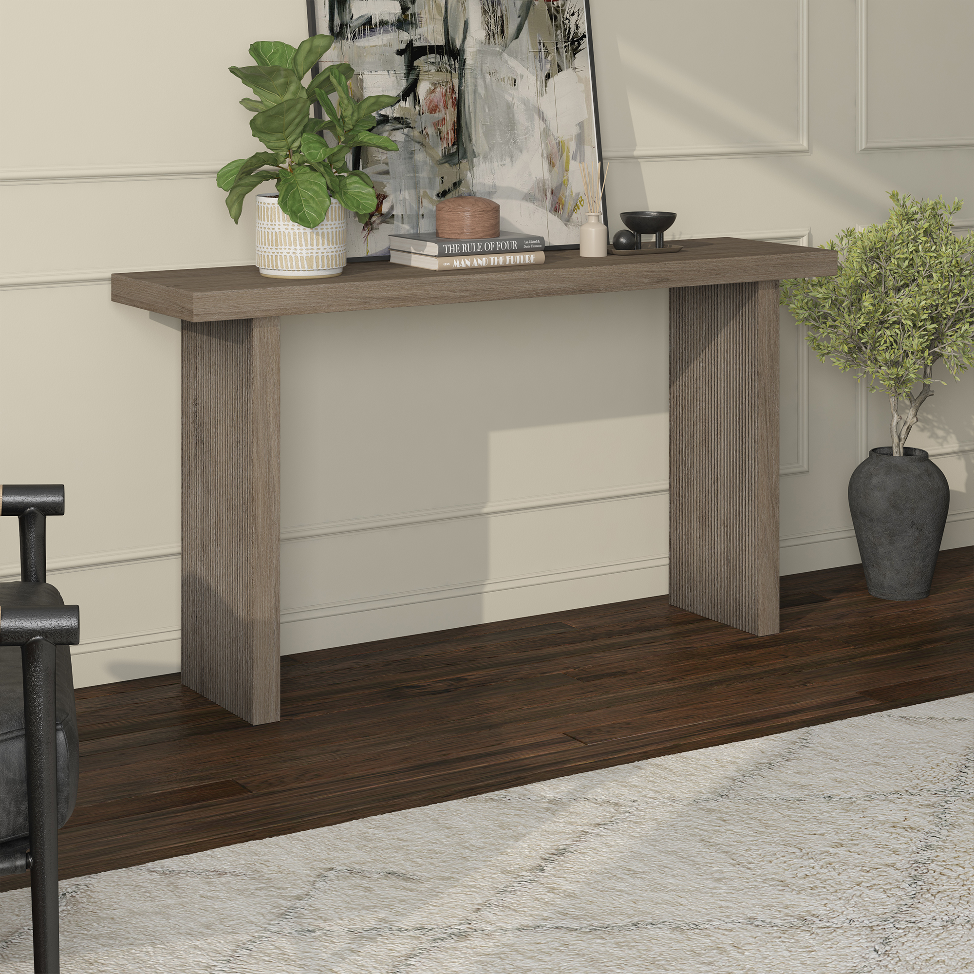 Evelyn&Zoe Modern/Contemporary 55" Wide Antiqued Gray Oak Console Table