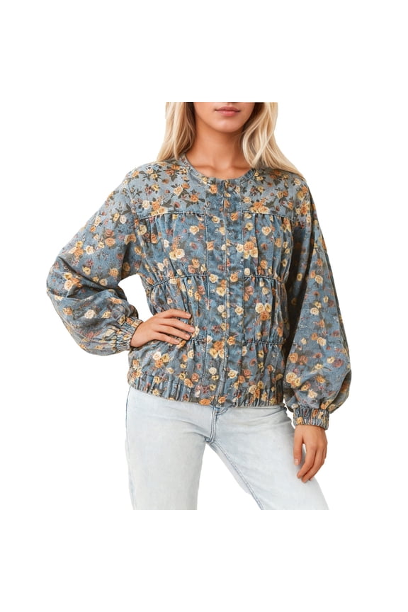 Vintage Floral Print Denim Jacket Women Fashion Distressed Washed Long Sleeve Jean Coat Boho Batwing Sleeve Relaxed Fit Outwear